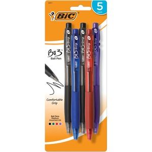 Pack of 5 BIC BU3 Grip Retractable Ball Pens 1.0 mm Medium Assorted Colors